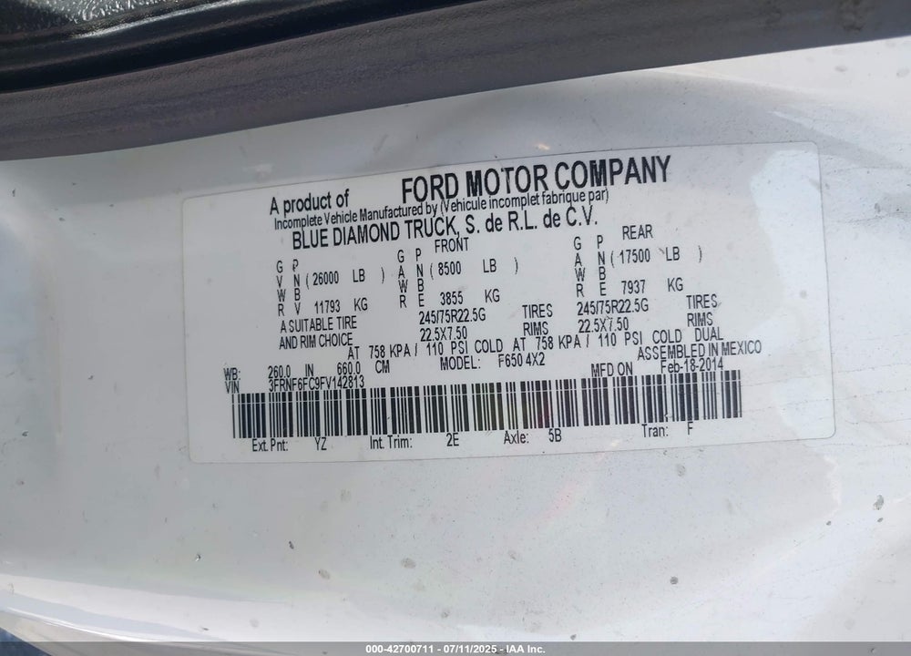 2015 FORD F-650 XL/XLT VIN: 3FRNF6FC9FV142813