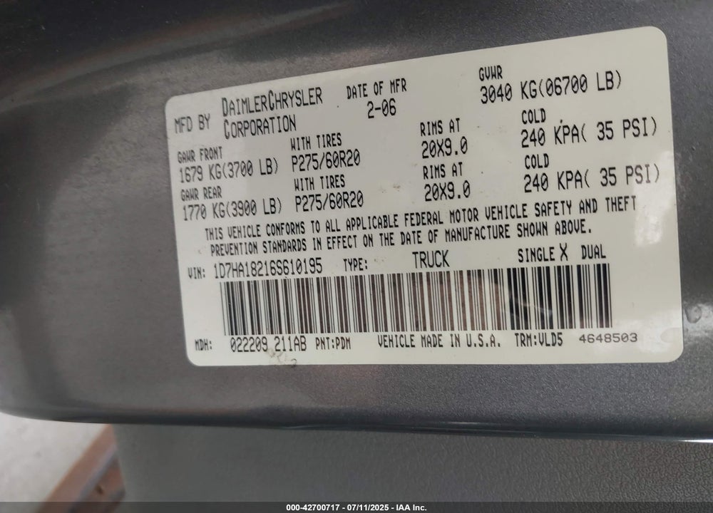 2006 DODGE RAM 1500 VIN: 1D7HA18216S610195