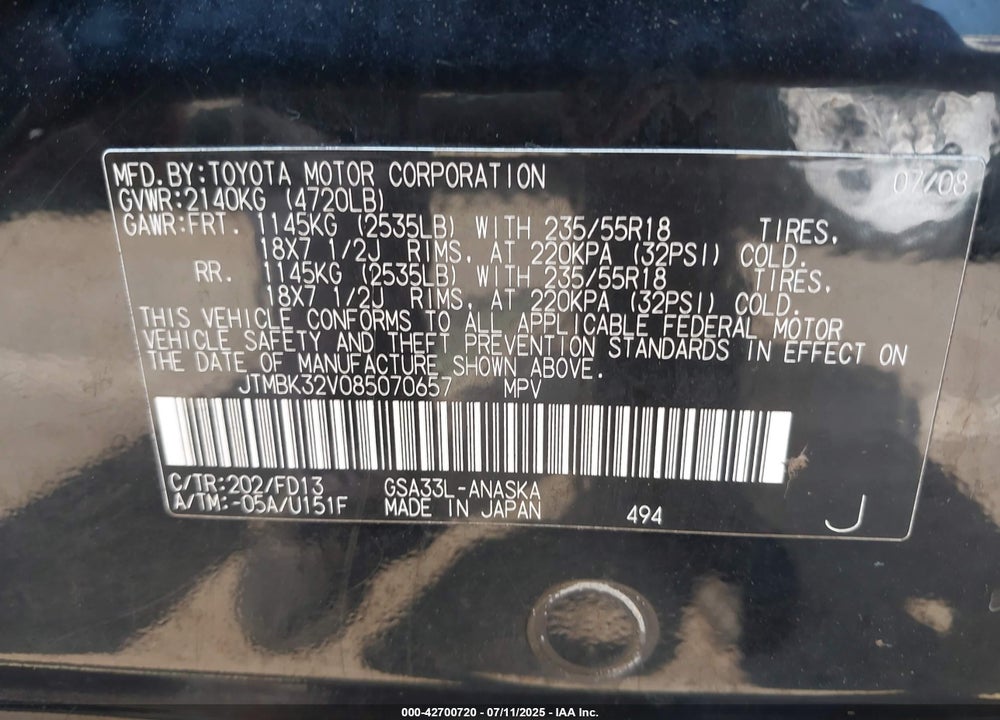 2008 TOYOTA RAV4 VIN: JTMBK32V085070657