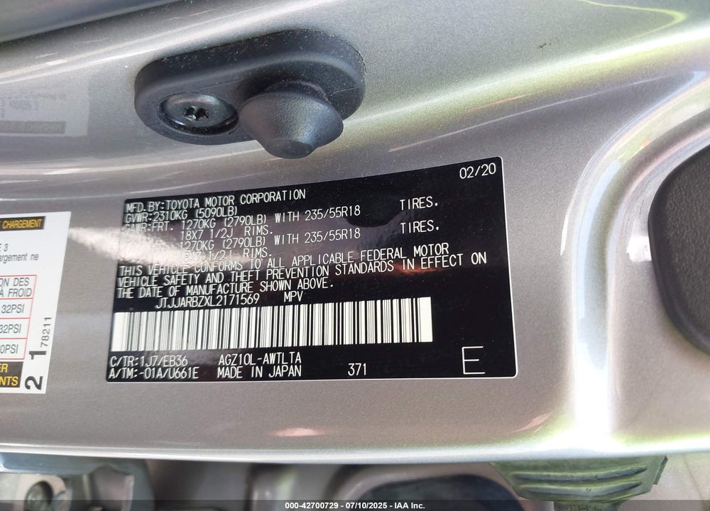 2020 LEXUS NX300 VIN: JTJJARBZXL2171569