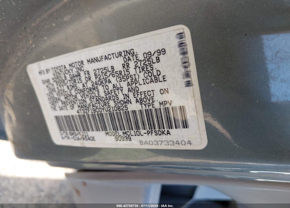2000 TOYOTA SIENNA CE VIN: 4T3ZF19C0YU210825