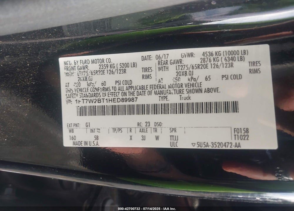2017 FORD F-250 VIN: 1FT7W2BT1HED89987