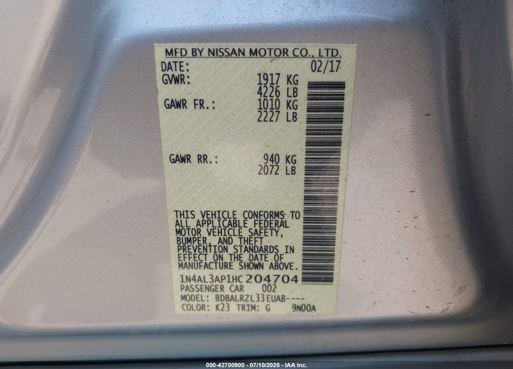 2017 NISSAN ALTIMA VIN: 1N4AL3AP1HC204704