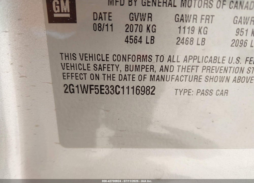 2012 CHEVROLET IMPALA VIN: 2G1WF5E33C1116982