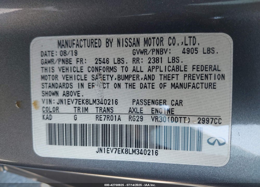 2020 INFINITI Q60 VIN: JN1EV7EK8LM340216