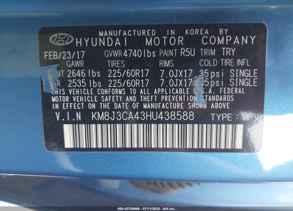 2017 HYUNDAI TUCSON VIN: KM8J3CA43HU438588