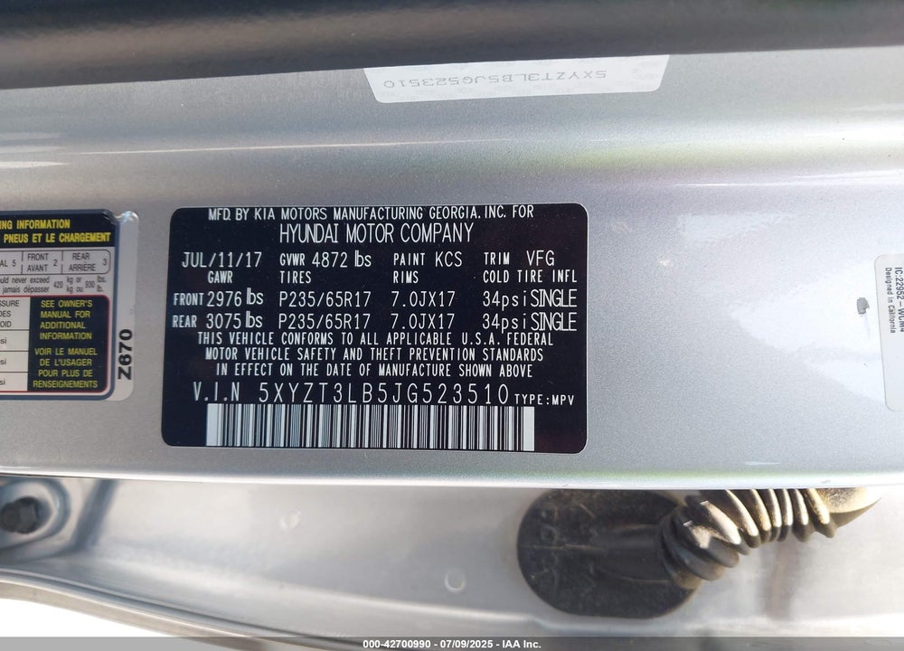 2018 HYUNDAI SANTA FE VIN: 5XYZT3LB5JG523510