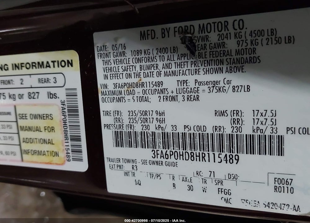 2017 FORD FUSION VIN: 3FA6P0HD8HR115489