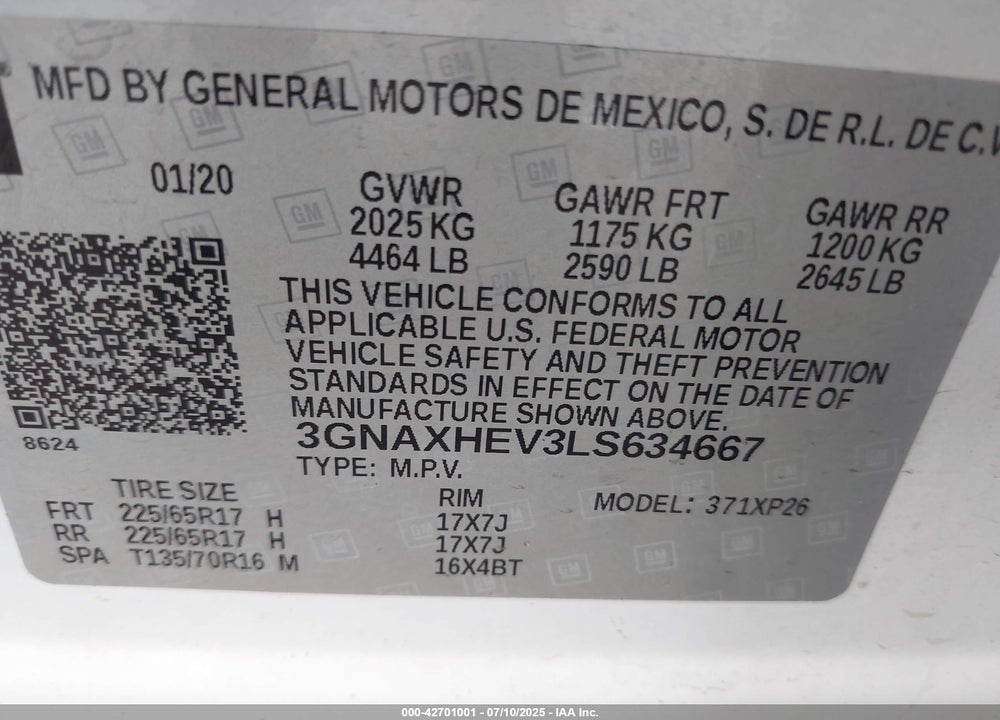 2020 CHEVROLET EQUINOX FWD LS VIN: 3GNAXHEV3LS634667