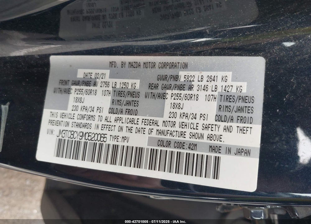 2021 MAZDA CX-9 VIN: JM3TCBCY9M0520065
