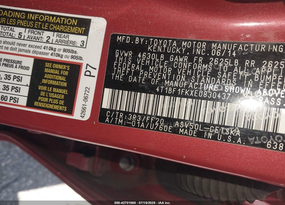 2014 TOYOTA CAMRY VIN: 4T1BF1FKXEU830437