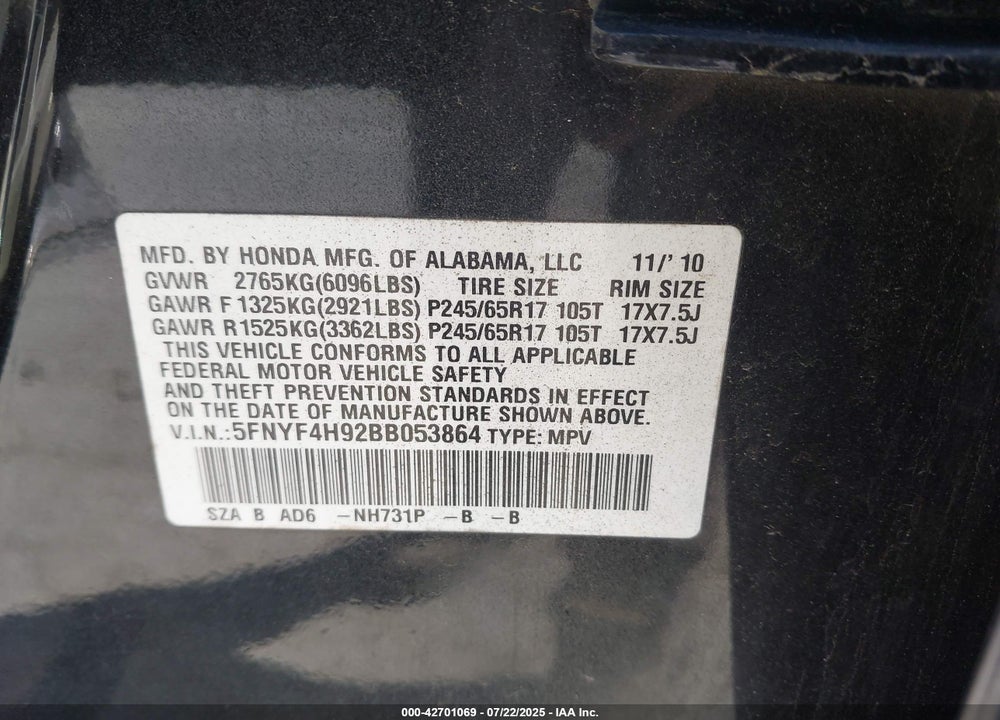 2011 HONDA PILOT TOURING VIN: 5FNYF4H92BB053864