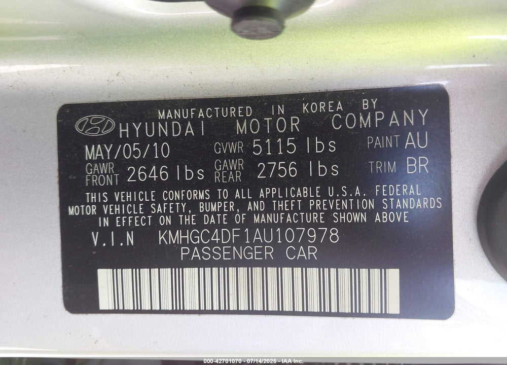 2010 HYUNDAI GENESIS VIN: KMHGC4DF1AU107978