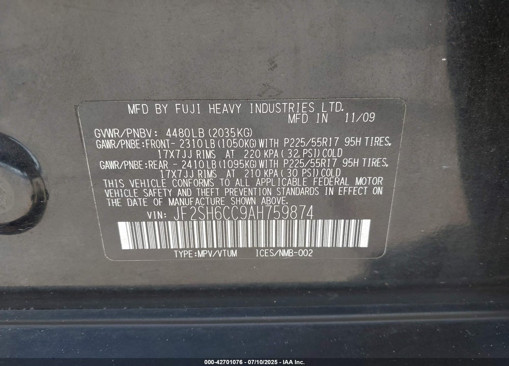 2010 SUBARU FORESTER VIN: JF2SH6CC9AH759874