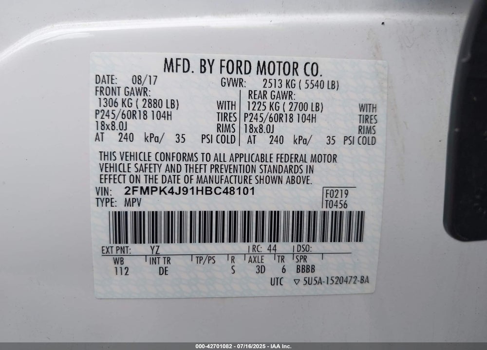 2017 FORD EDGE SEL VIN: 2FMPK4J91HBC48101