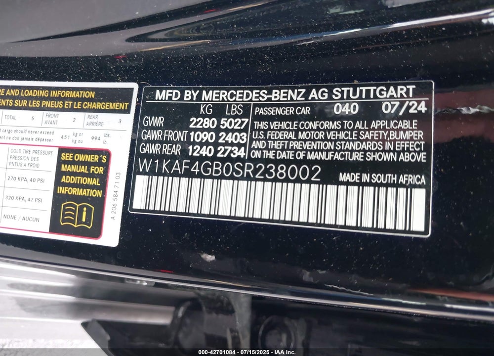 2025 MERCEDES-BENZ C CLASS VIN: W1KAF4GB0SR238002