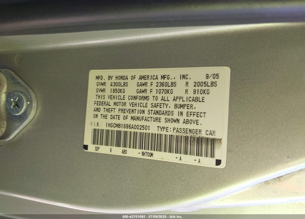 2006 HONDA ACCORD VIN: 1HGCM81696A002501