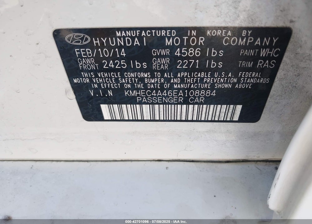 2014 HYUNDAI SONATA HYBRID VIN: KMHEC4A46EA108884
