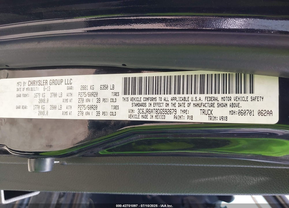 2013 RAM 1500 VIN: 3C6JR6AT8DG592679