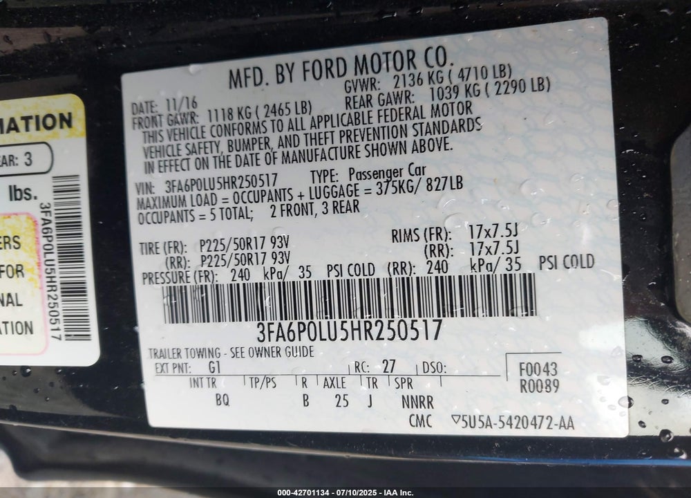 2017 FORD FUSION HYBRID VIN: 3FA6P0LU5HR250517