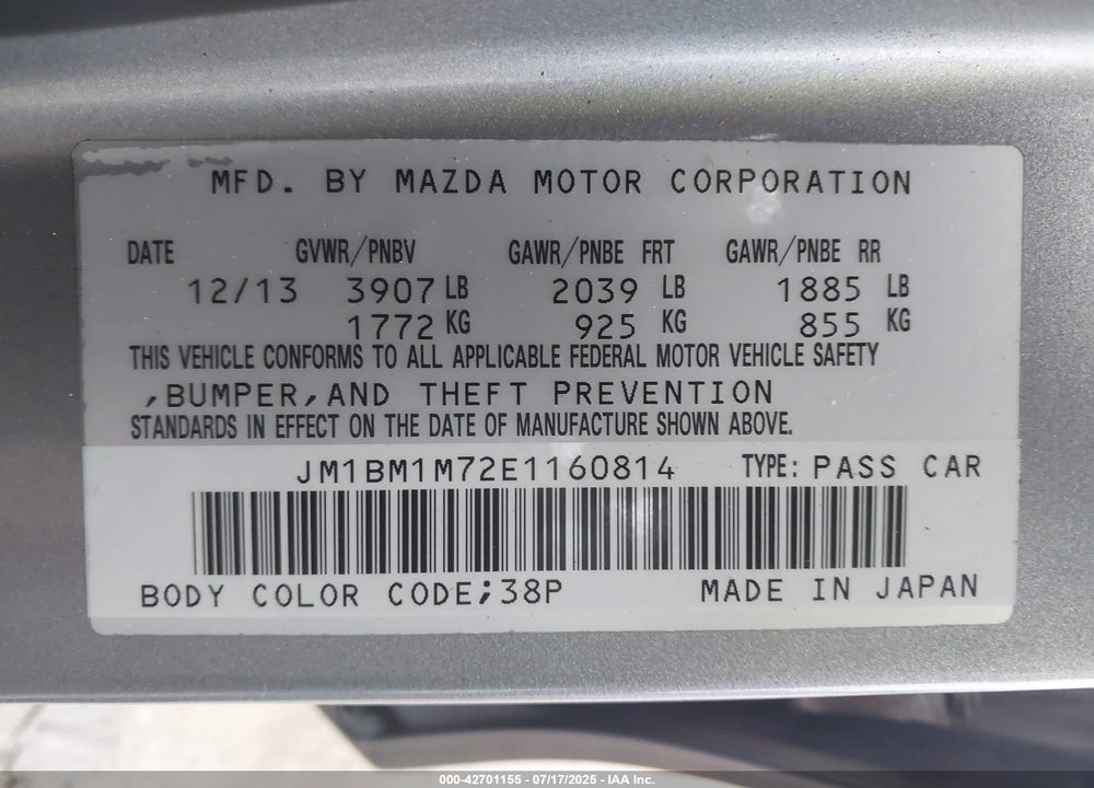2014 MAZDA 3 VIN: JM1BM1M72E1160814