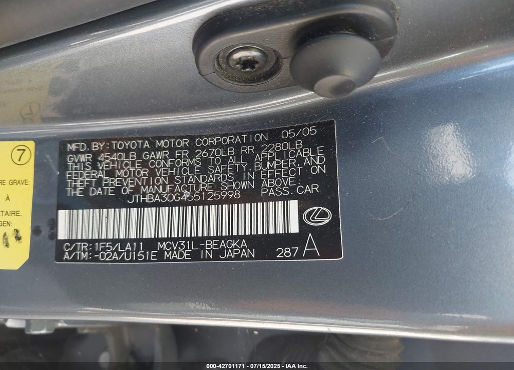 2005 LEXUS ES 330 VIN: JTHBA30G455125998
