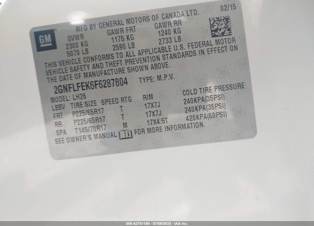 2015 CHEVROLET EQUINOX 1LT VIN: 2GNFLFEK6F6287804