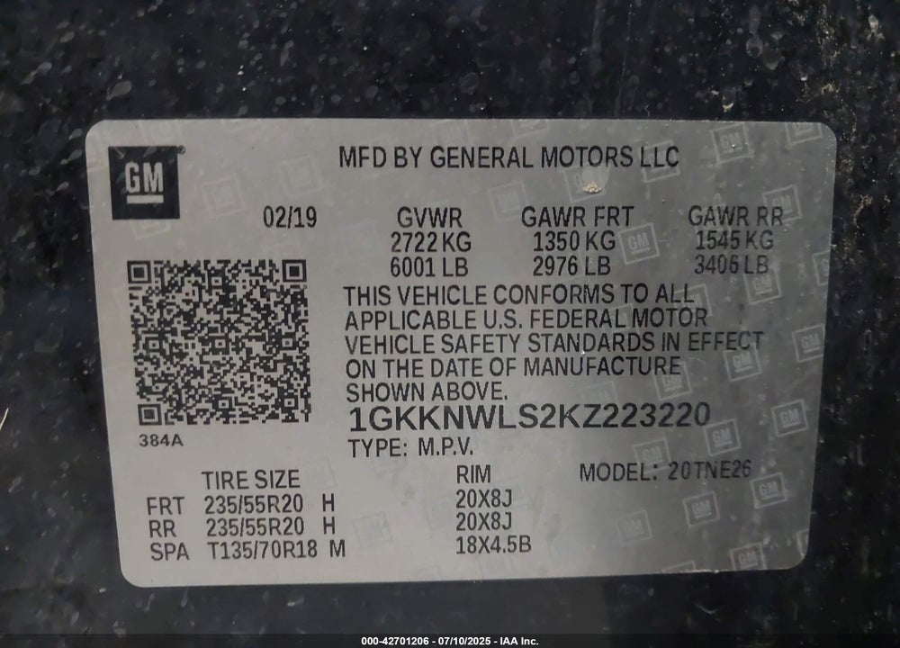 2019 GMC ACADIA VIN: 1GKKNWLS2KZ223220