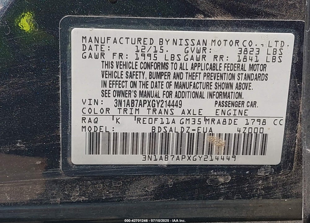 2016 NISSAN SENTRA VIN: 3N1AB7APXGY214449