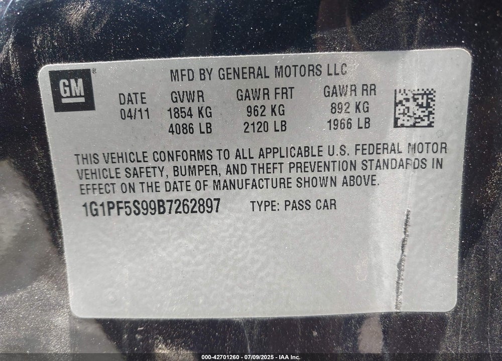 2011 CHEVROLET CRUZE VIN: 1G1PF5S99B7262897