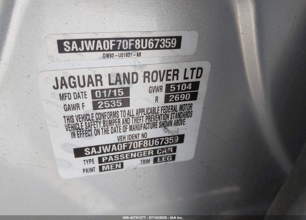 2015 JAGUAR XF VIN: SAJWA0F70F8U67359