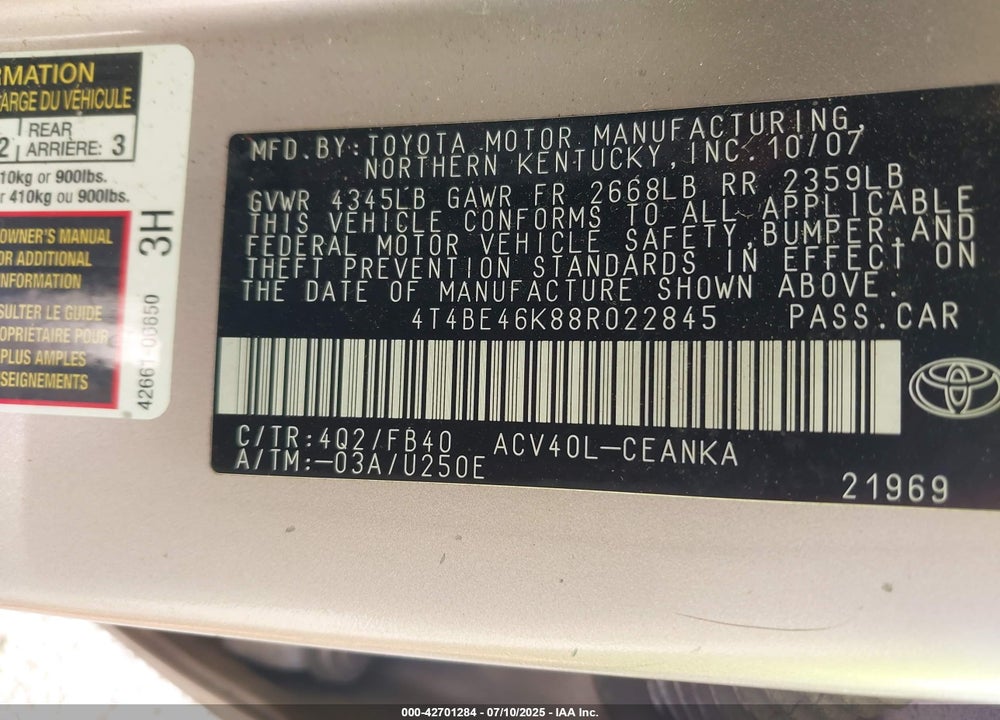 2008 TOYOTA CAMRY VIN: 4T4BE46K88R022845