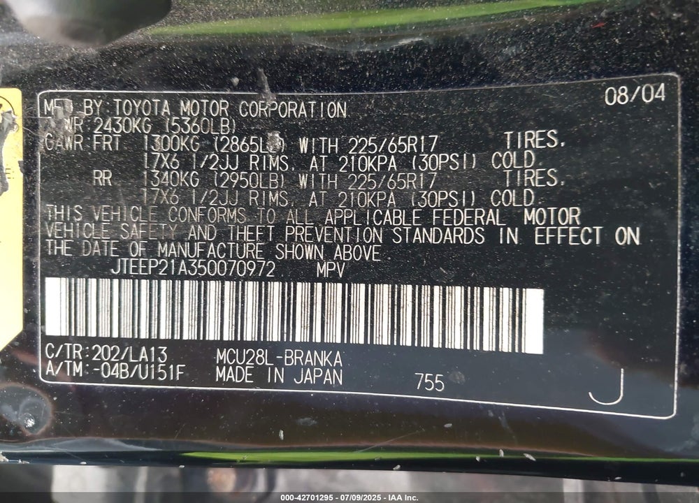 2005 TOYOTA HIGHLANDER LIMITED V6 VIN: JTEEP21A350070972