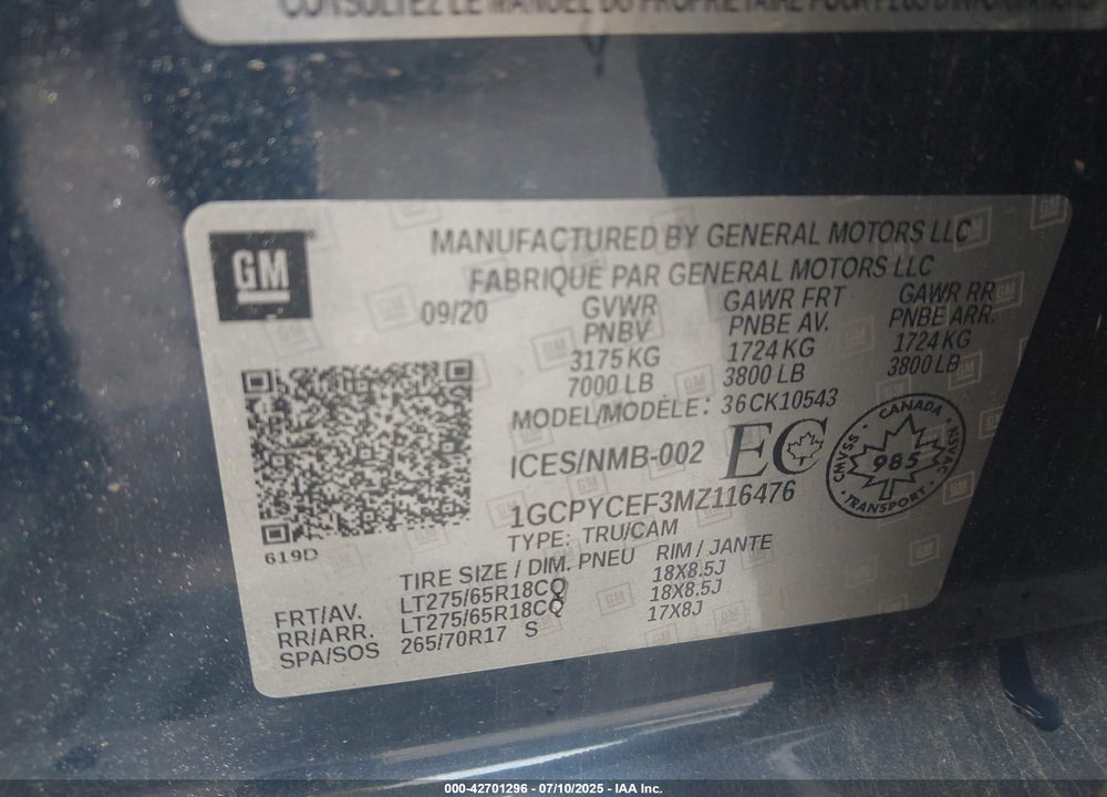 2021 CHEVROLET SILVERADO 1500 VIN: 1GCPYCEF3MZ116476
