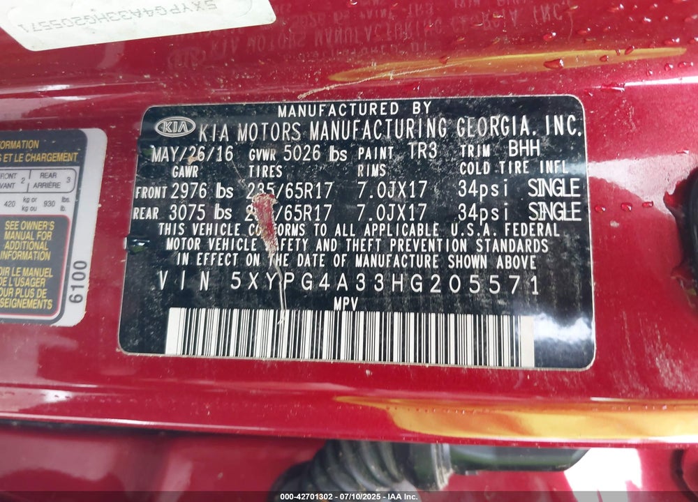 2017 KIA SORENTO VIN: 5XYPG4A33HG205571
