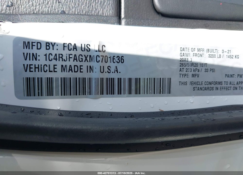 2021 JEEP GRAND CHEROKEE VIN: 1C4RJFAGXMC701636