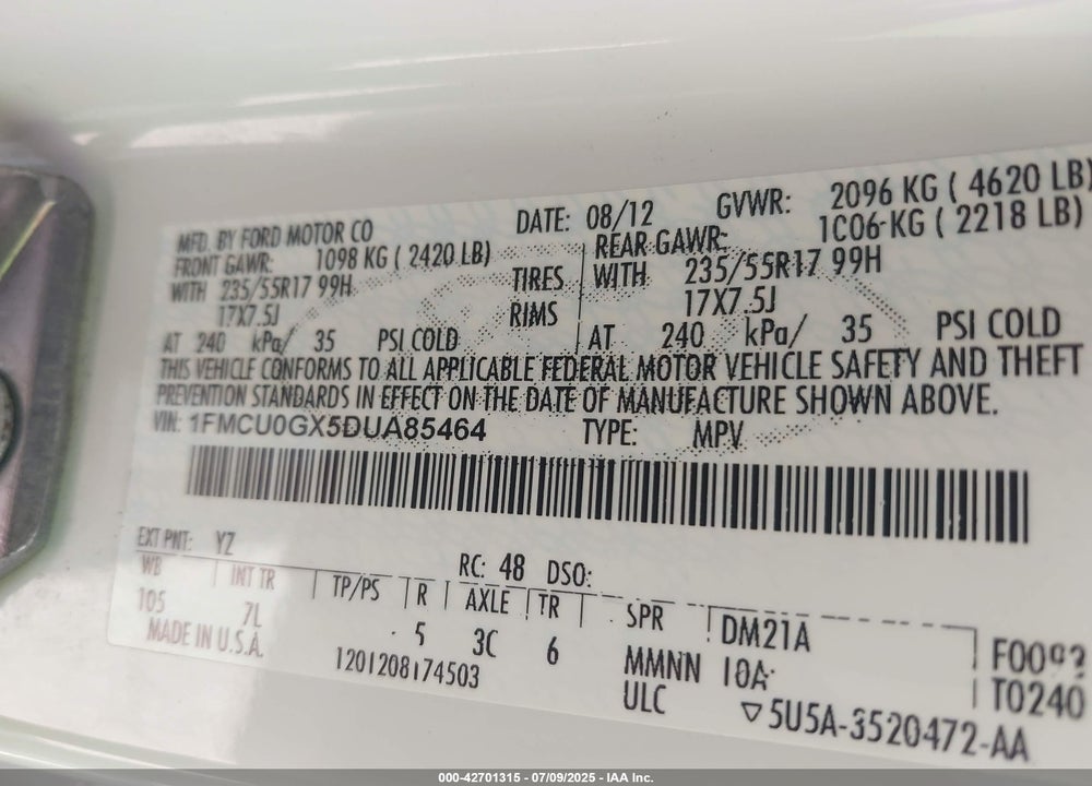 2013 FORD ESCAPE VIN: 1FMCU0GX5DUA85464