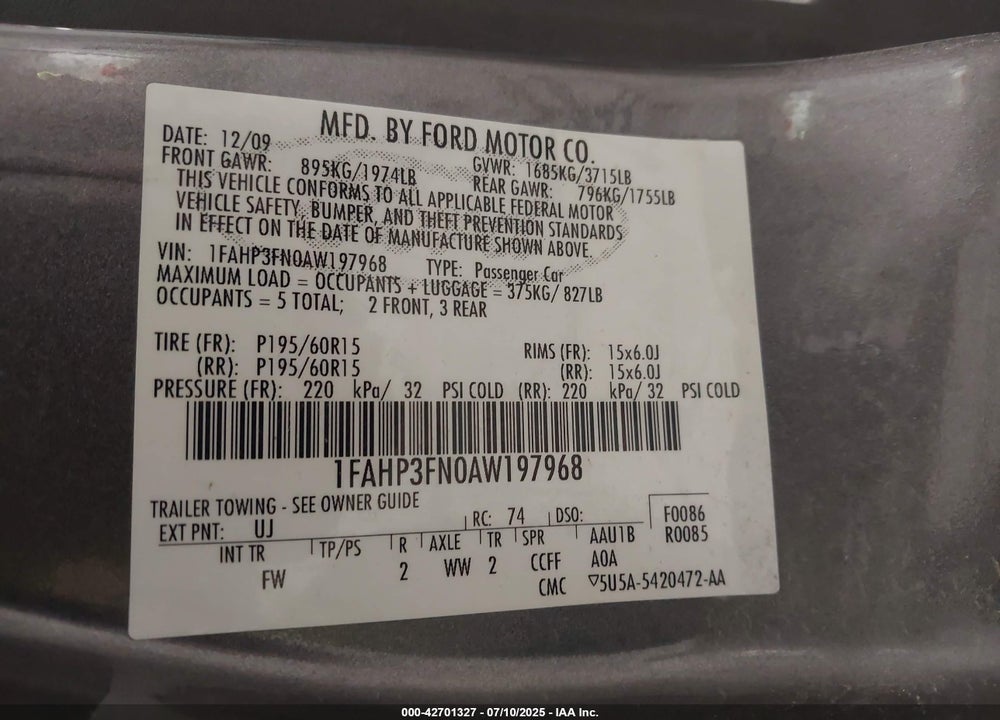 2010 FORD FOCUS VIN: 1FAHP3FN0AW197968
