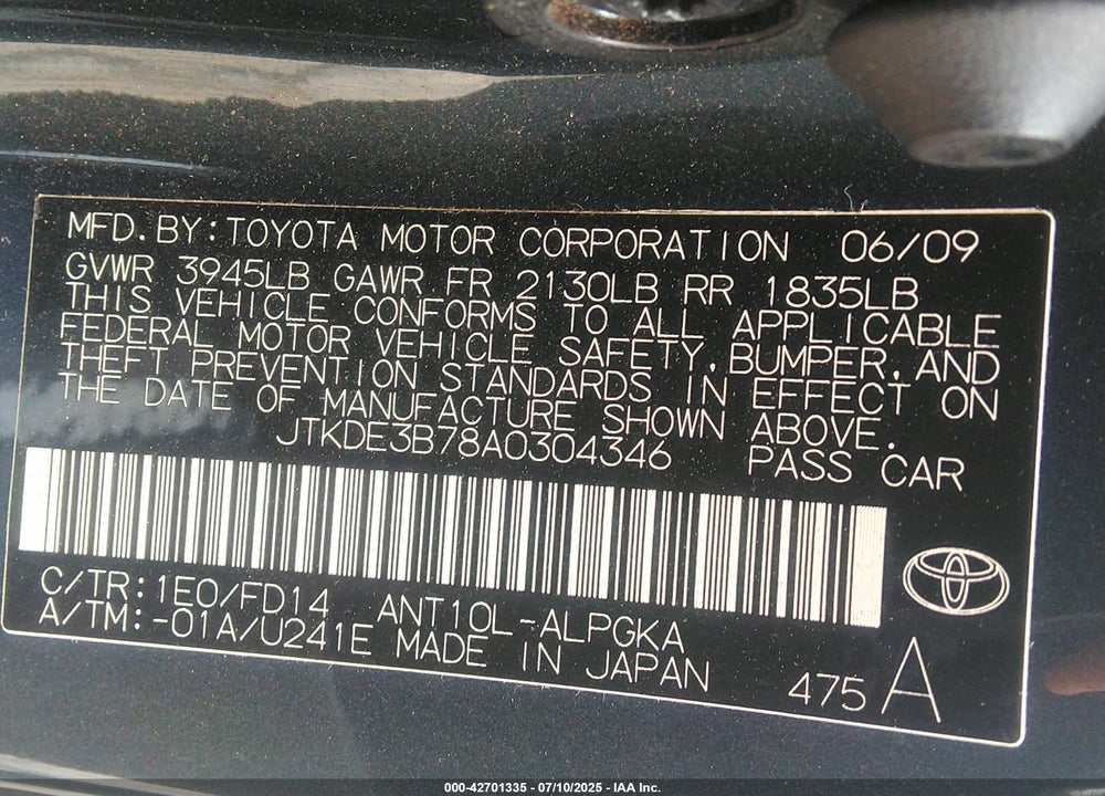 2010 SCION TC VIN: JTKDE3B78A0304346