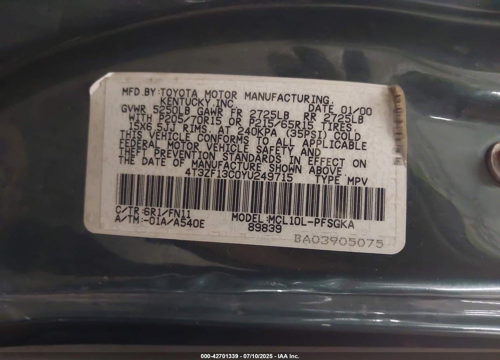 2000 TOYOTA SIENNA LE VIN: 4T3ZF13C0YU249715