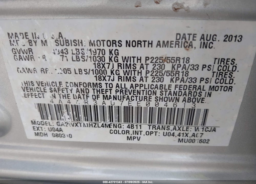 2014 MITSUBISHI OUTLANDER SPORT VIN: 4A4AR3AU7EE004613
