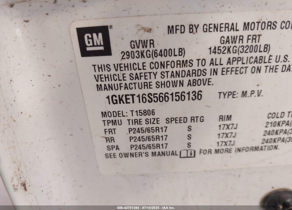 2006 GMC ENVOY XL SLE VIN: 1GKET16S566156136