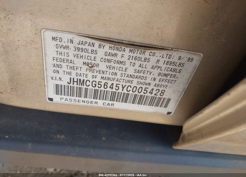 2000 HONDA ACCORD 2.3 LX VIN: JHMCG5645YC005428
