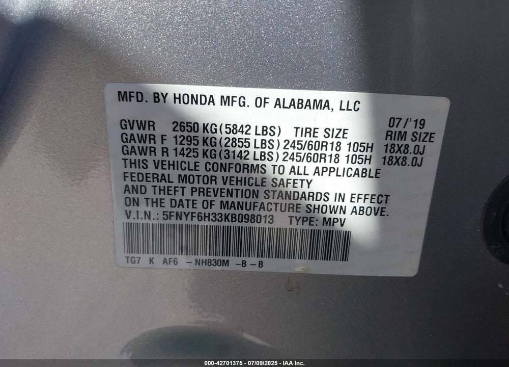 2019 HONDA PILOT VIN: 5FNYF6H33KB098013