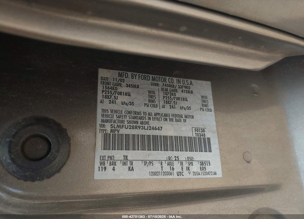 2003 LINCOLN NAVIGATOR VIN: 5LMFU28R93LJ24647
