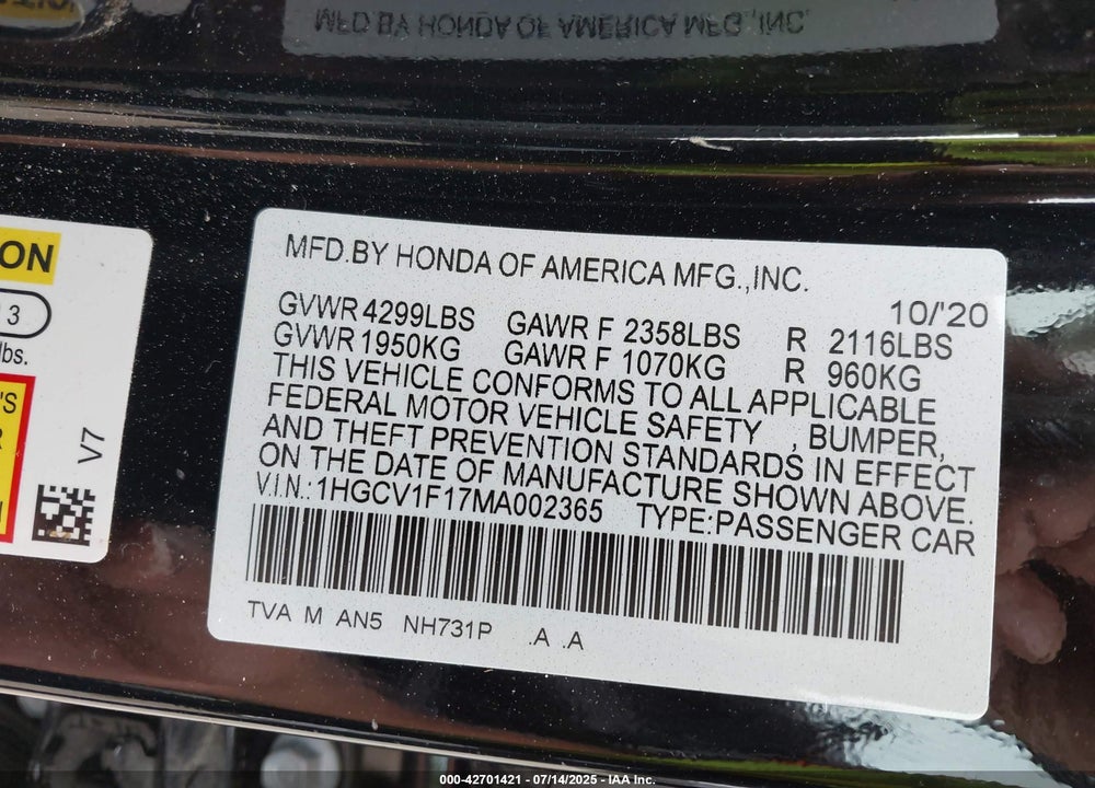 2021 HONDA ACCORD VIN: 1HGCV1F17MA002365