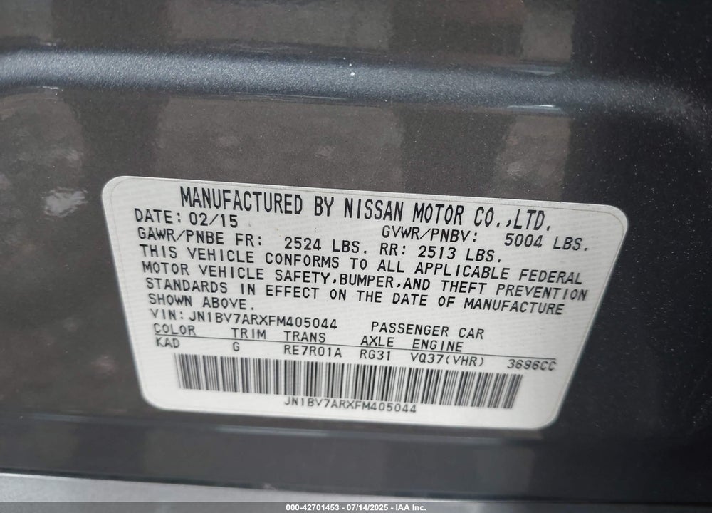 2015 INFINITI Q50 VIN: JN1BV7ARXFM405044