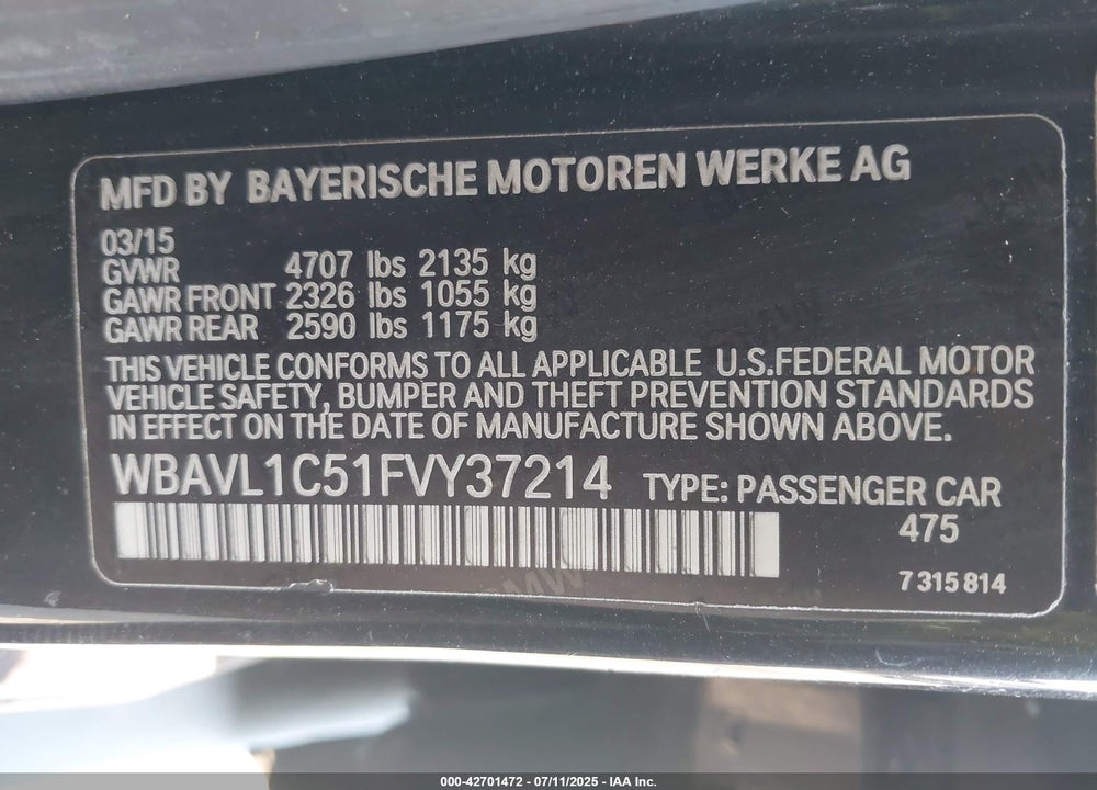 2015 BMW X1 VIN: WBAVL1C51FVY37214