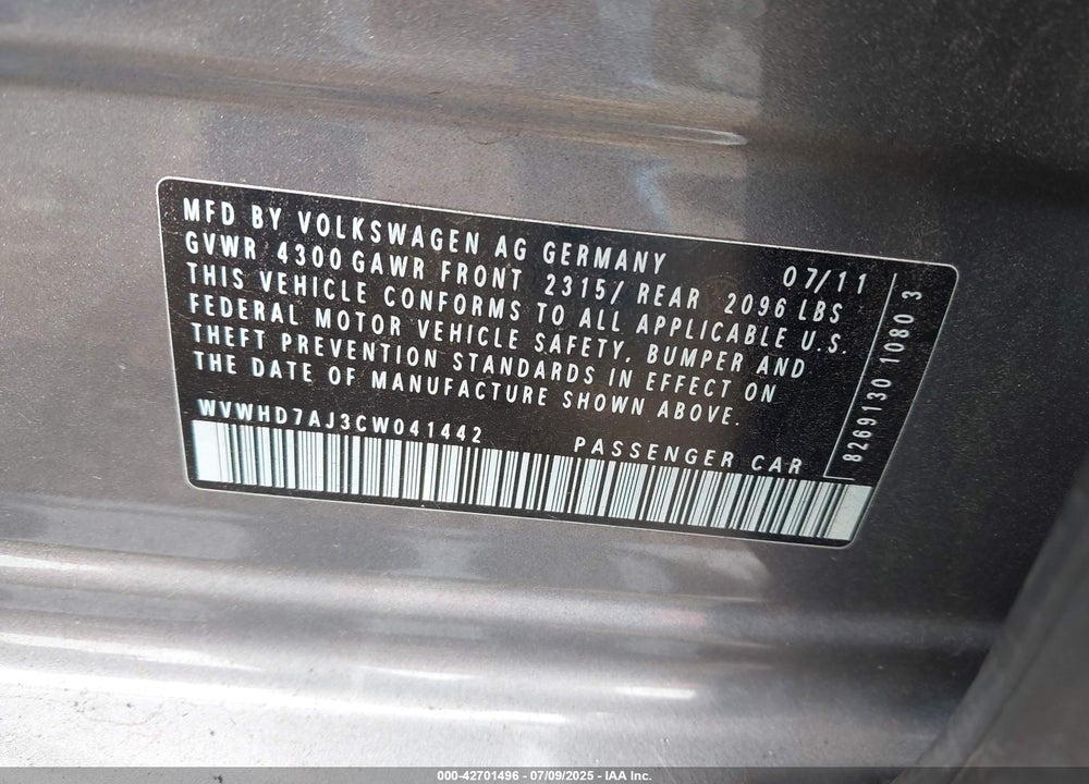 2012 VOLKSWAGEN GTI VIN: WVWHD7AJ3CW041442