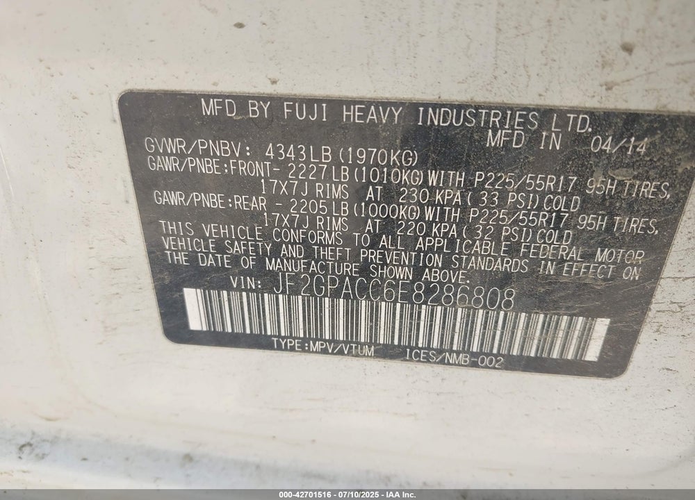 2014 SUBARU XV CROSSTREK VIN: JF2GPACC6E8286808